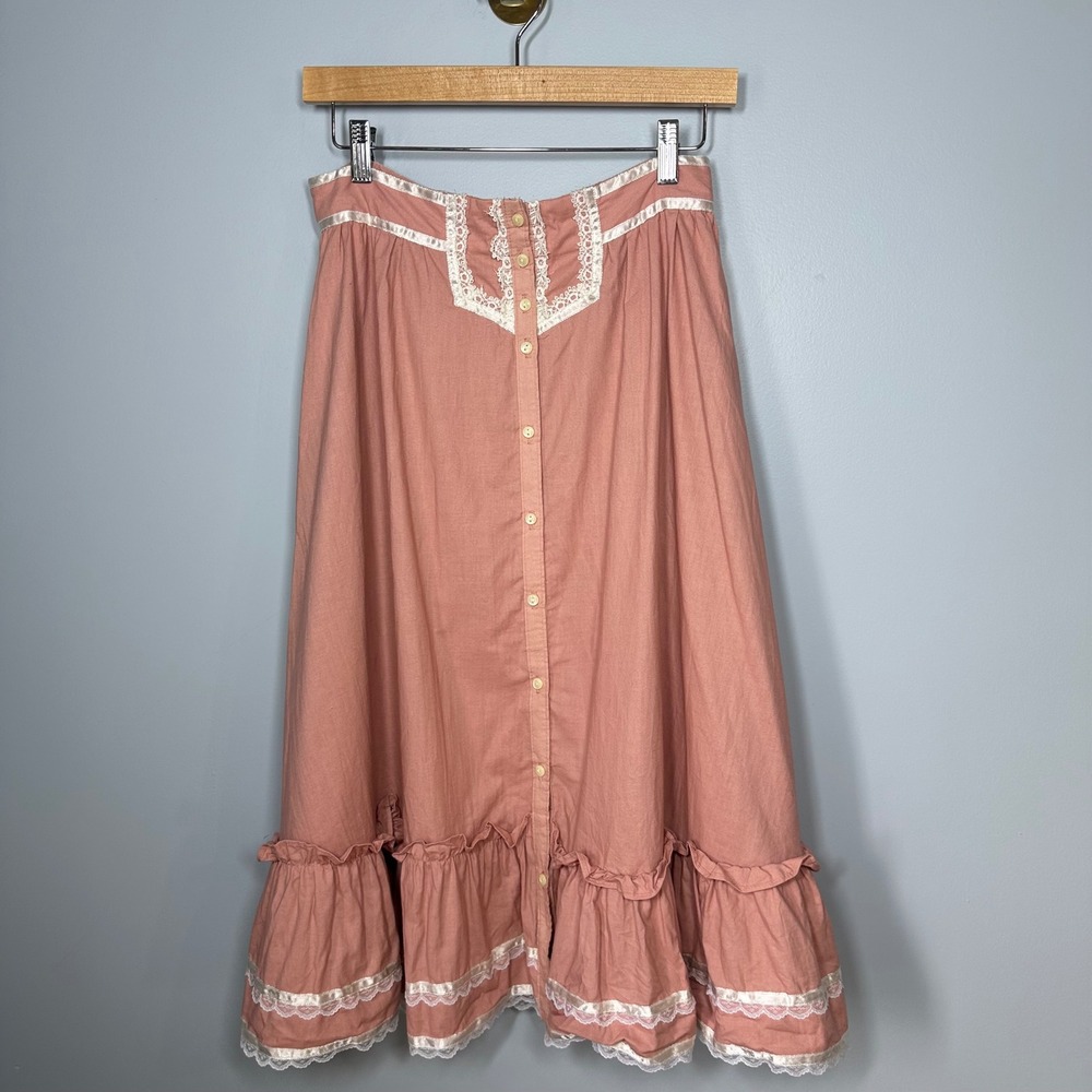 Vtg Jessica's Gunnies Prairie Skirt Sz‎ 13 Pink Lace Button Trim Cottage Boho